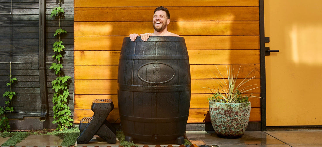 Man in an Ice Barrel takes an upright, full-body ice bath