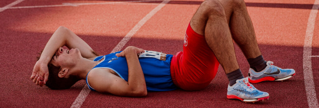 Runner tired after bonking, or hitting the wall, during a marathon