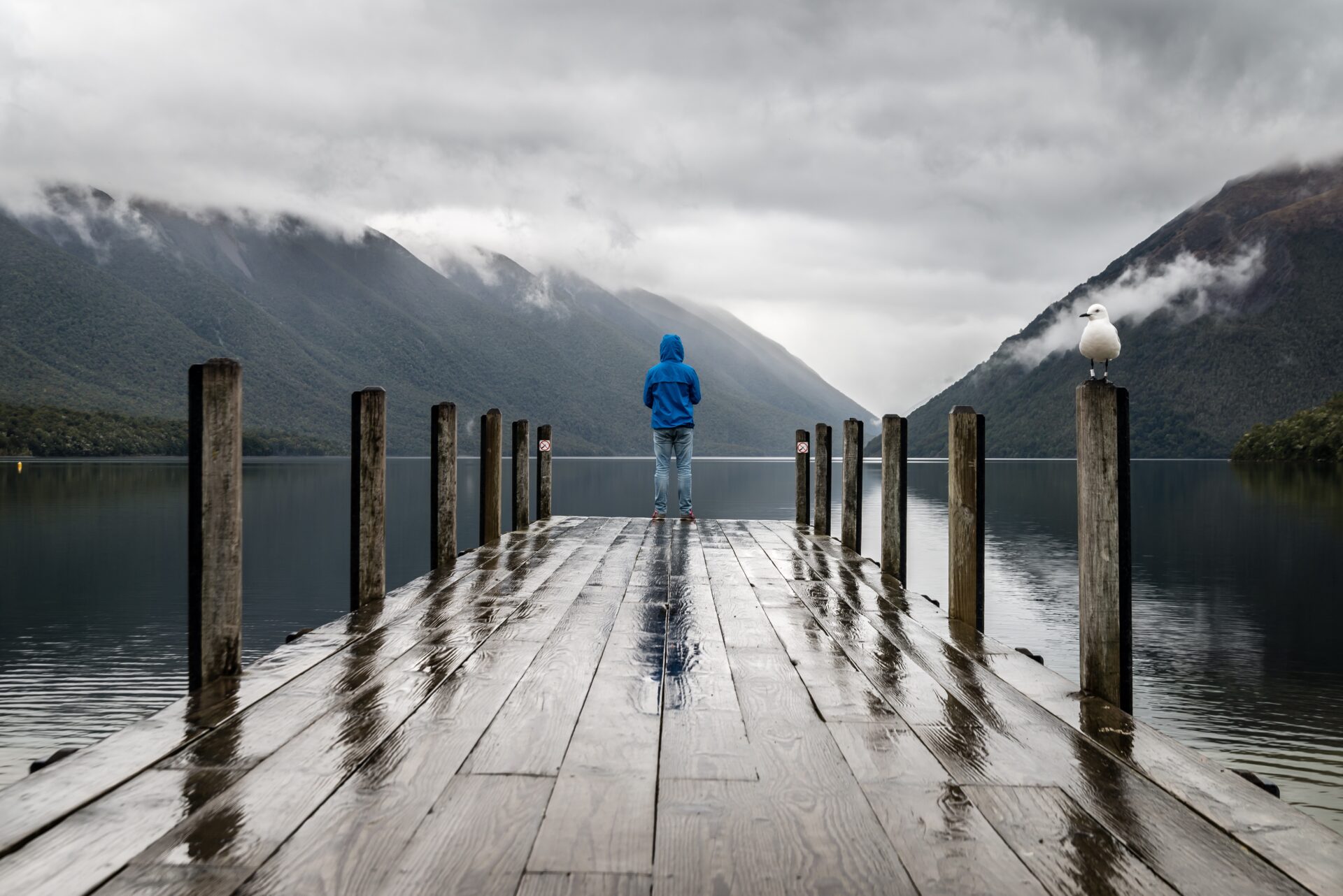 Man standing on a dock on a cold, rainy day